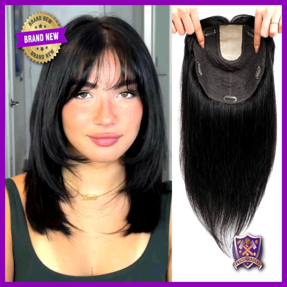 Human Hair Topper with Bangs Clip In Volume Hairpiece Large Base 15 Inch